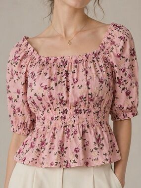 Celebrity Pink Pink Floral Smocked Square-Neck Peplum Cottagecore Blouse Size XS